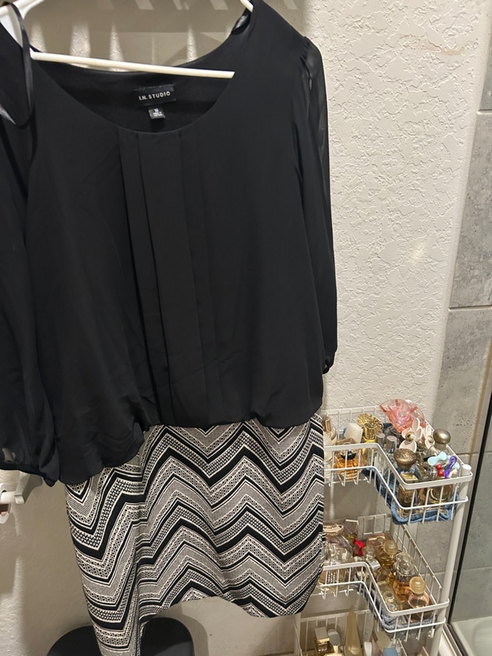I.N. Studio Black Blouse with Black & White Chevron Skirt